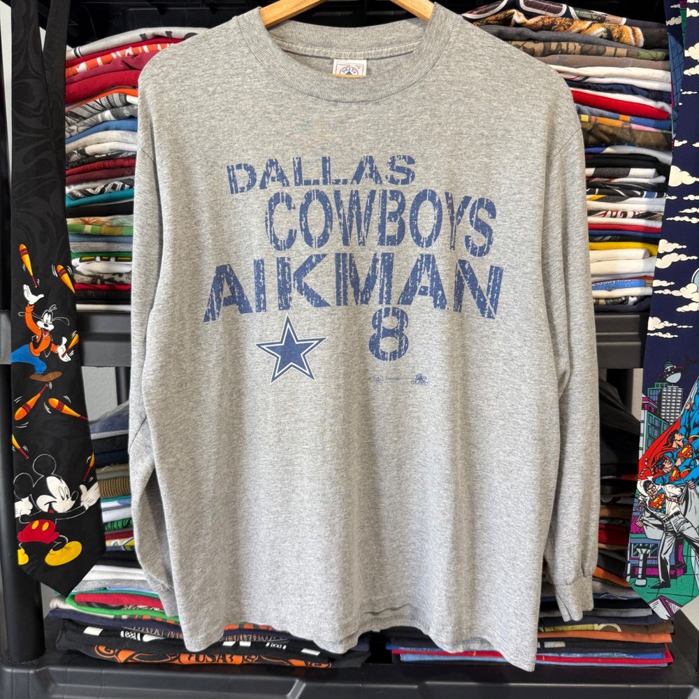 90s Gray Dallas Cowboys Troy Aikman Long Sleeve Graphic Shirt Size M